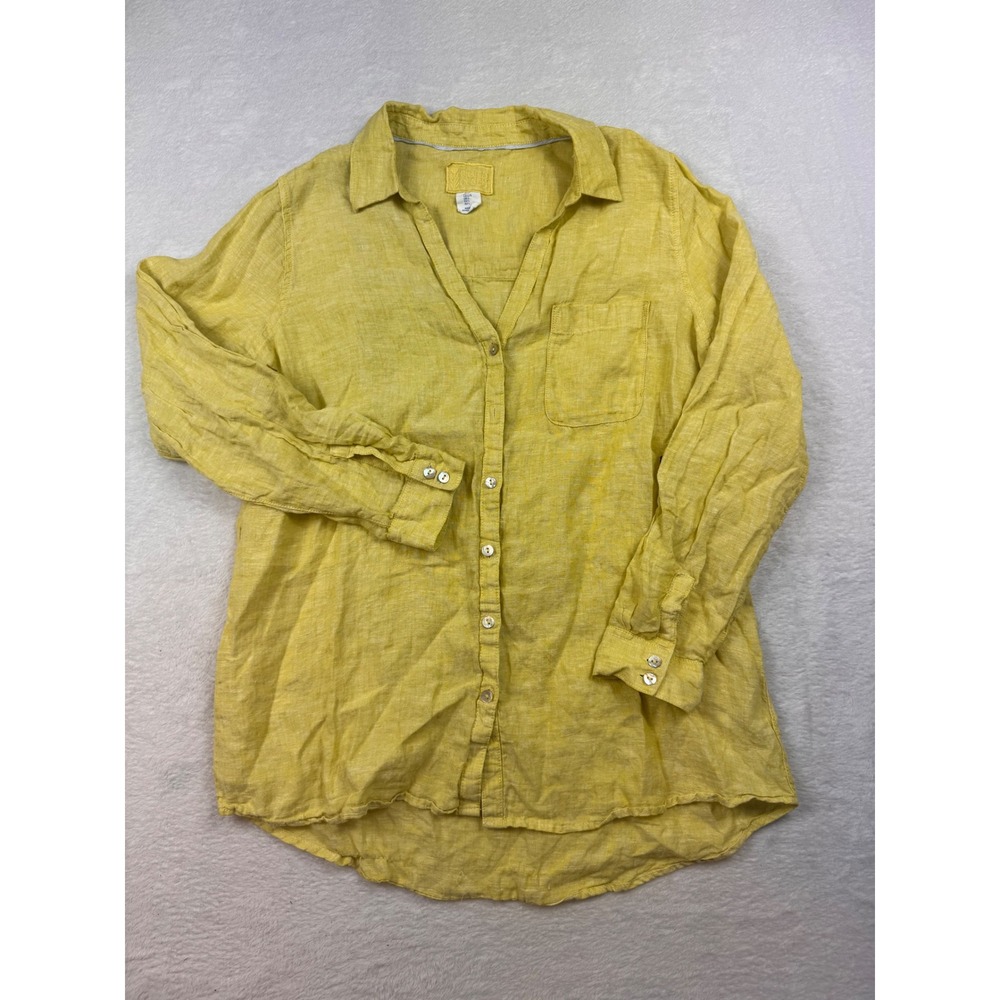 Sigrid Olsen Yellow 100% Linen Button Down Shirt Long Sleeve Womens Large